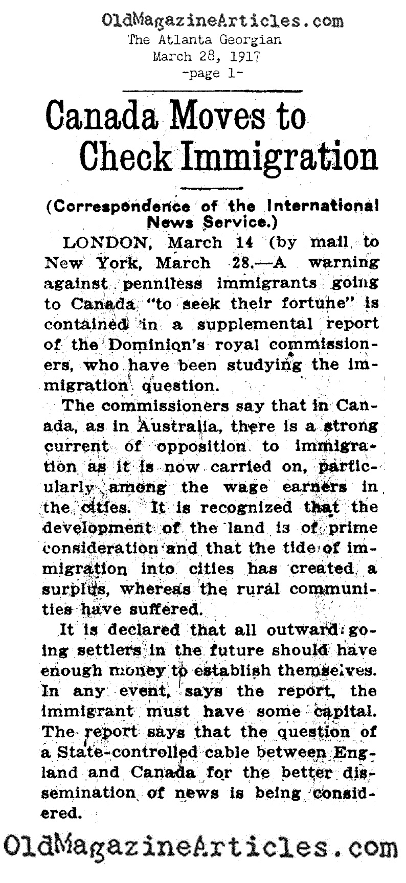 Immigration Restrictions in Canada (The Atlanta Georgian, 1917)